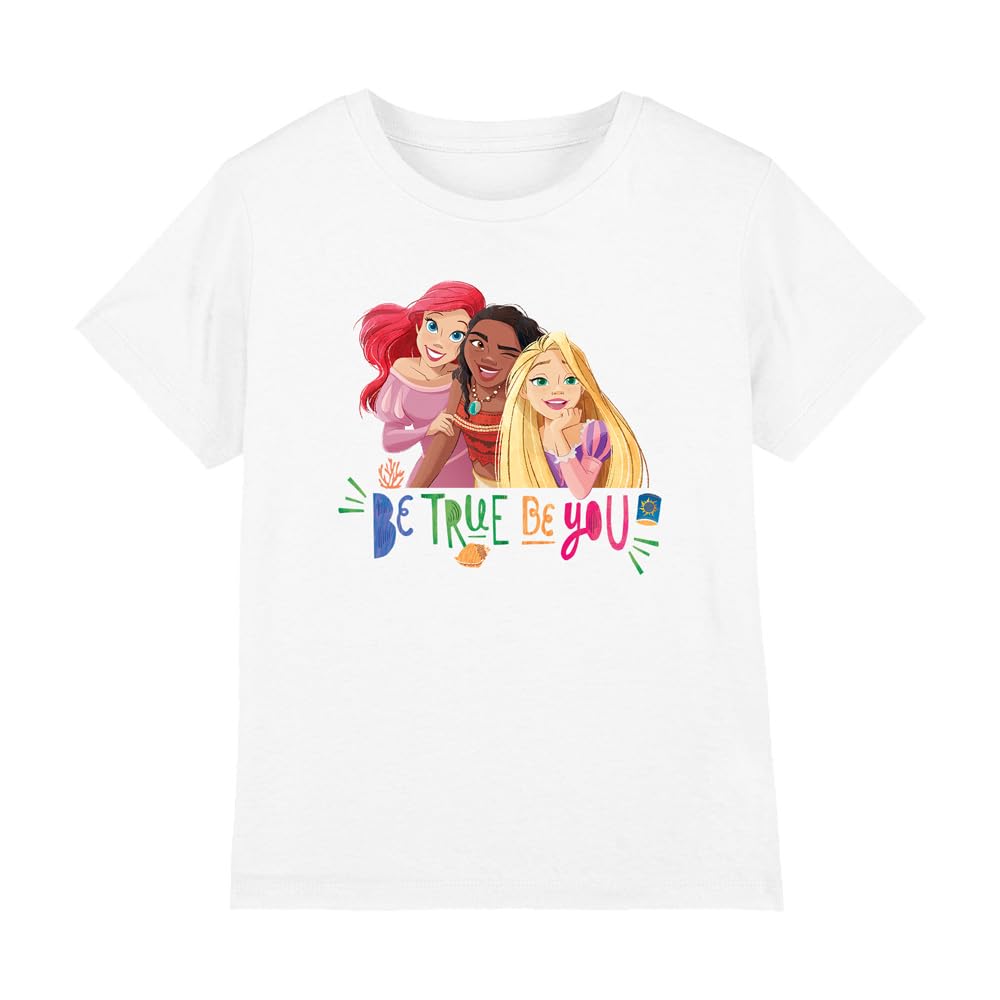 Disney Princess Be True, Be You Ariel, Moana, and Rapunzel Girls T Shirt, White, 12-13 Years