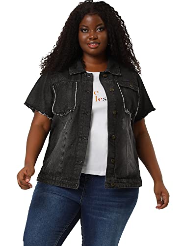 Agnes Orinda Plus Size Women's Short Sleeves Denim Jackets Button Washed Frayed Jean Jacket Summer 2023 2X Black #TOP2