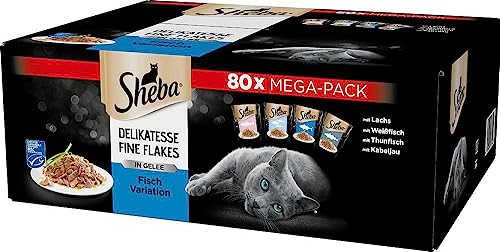 Sheba Katzen- Nassfutter Delikatesse Fine Flakes, 80 x 85 g Mega- Pack- Nassfutter für Katzen, Fischauswahl in Gelee mit Lachs, Weißfisch, Thunfisch und Kabeljau für Katzen
