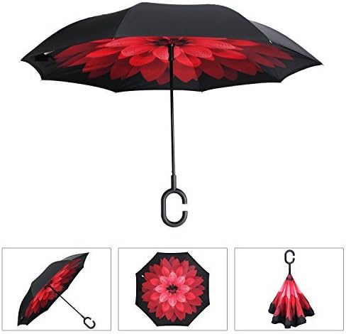 AmbrellaOK Double Layer Inverted Umbrella for Car Reverse Folding Upside Down C-Shaped Hands Free Handle - Compact Lightweight & Windproof – Ideal Gift Men & Women