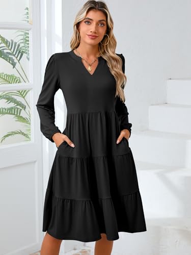 Womens V Neck Long Sleeve Midi Dress 2024 Fall Fashion Casual Loose Fit Flowy Swing Tiered Beach Vacation Dresses2