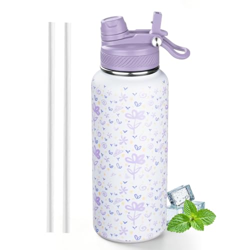 Image of 32 oz Insulated Water Bottle with Leak-proof 2-in-1 Straw and Spout Lid,Stainless Steel Sports Water Bottle with Handle,Double Wall Vacuum Metal Water Flask for Travel Camping School(Purple flower,1)