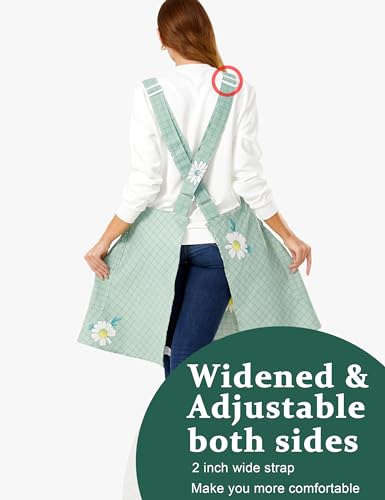 Image of Cozy Adjustable Cross Back Aprons for Women with Pockets Cotton Linen Cooking Kitchen Baking