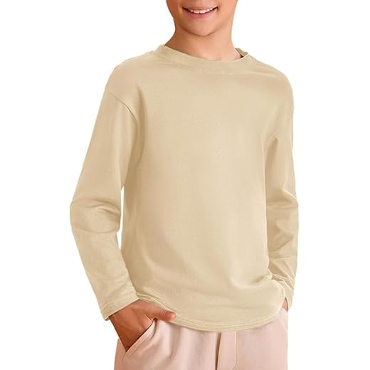 Haloumoning T-shirt à manches longues pour garçon - Col rond - Couleur unie - Basique - Pour les loisirs et le sport, beige, 11-12 ans