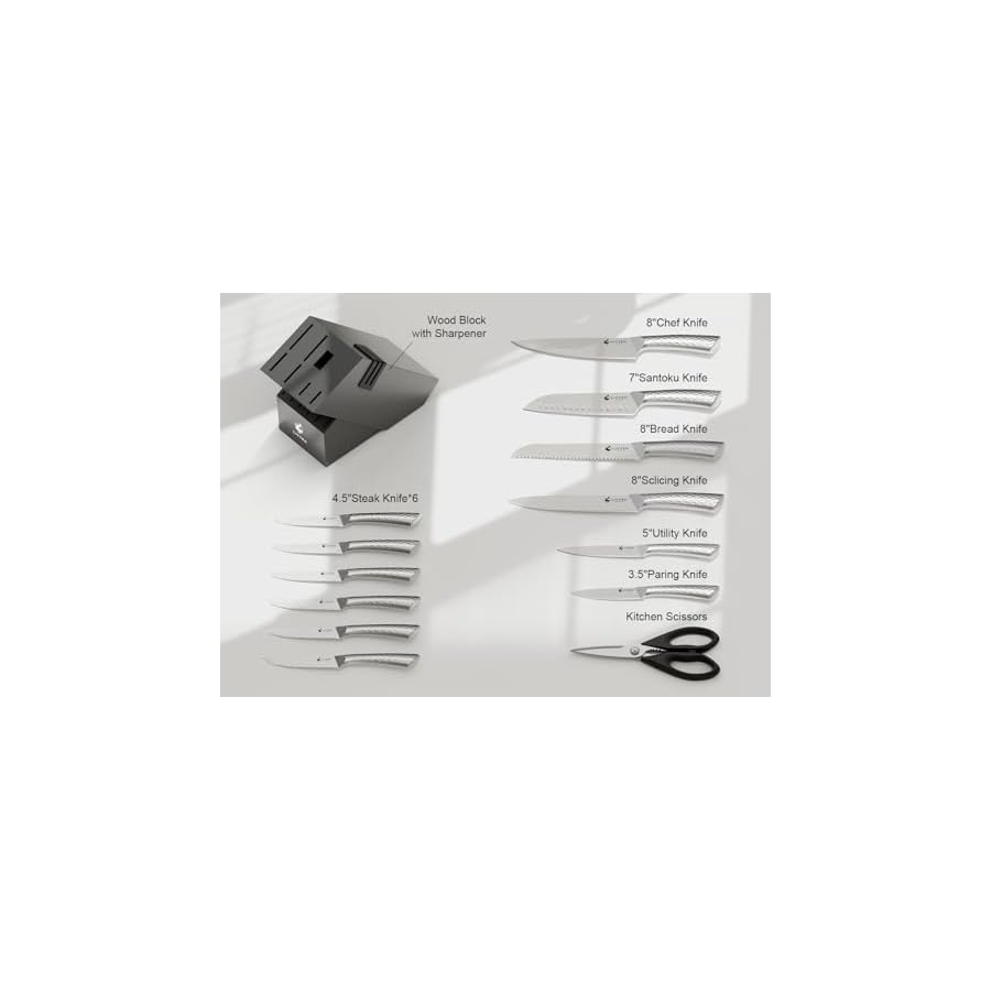 Livtek Kitchen Knife Set with Block: 15-Piece German Stainless Steel with Dual Sharpener for Cook Enthusiasts - Covers 95% Kitchen Tasks - Silver Full-Tang Ergonomic Handle, Dishwasher Safe, Gift Box