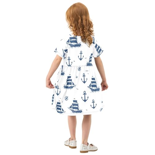 Girl's Casual Dress Small Blue Ships and Anchors Short Sleeve Sundress for Kids3