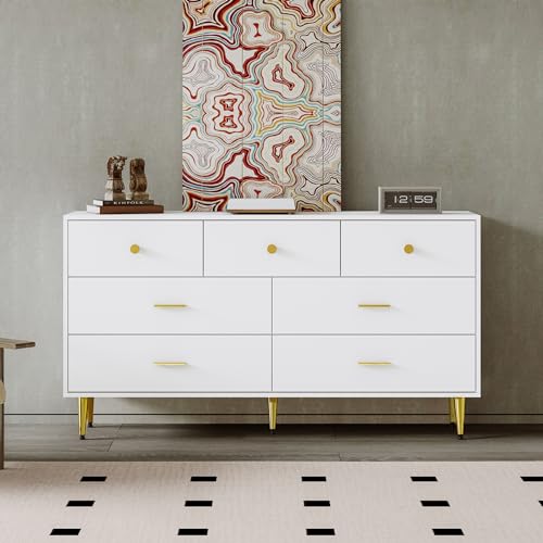 Aparador blanco, 7 cajones, asas doradas, patas doradas, guías de cajones lisas, 140 x 35 x 76 cm, aparador de comedor, aparador de cocina, armario de almacenamiento, cajones elevadores