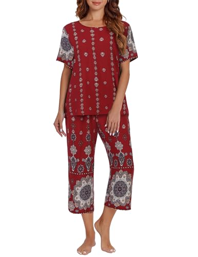 Image of Ekouaer Women's Two Piece Lounge Set Short Sleeve Shirt and Capri Pants Mumu Pajama with Pockets Loungewear Pjs Sets S-2XL