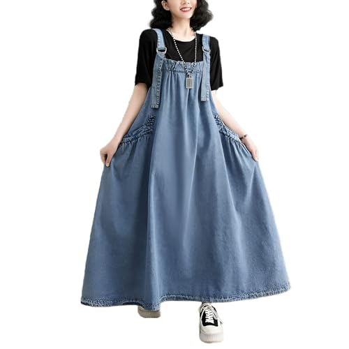 EXPOING Denim Jumper Dress for Women Loose Version Baggy Style Maxi Length Adjustable Straps Wide Hemline (US, Alpha, Medium, Regular, Regular, Light Blue M)