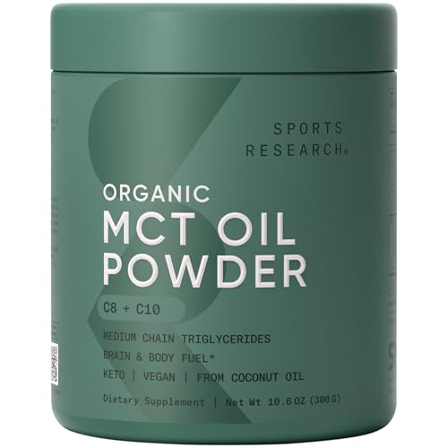 Sports Research Organic MCT Oil Powder - Keto & Vegan MCTs C8, C10 from Coconuts - Fatty Acid Brain & Body Fuel, Non-GMO & Gluten Free - Unflavored, Perfect in Coffee, Tea & Protein Shakes - 10.6 oz