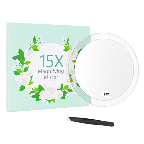 15x Magnifying Mirror with 3 Suction Cups - Use for Makeup Application, Tweezing