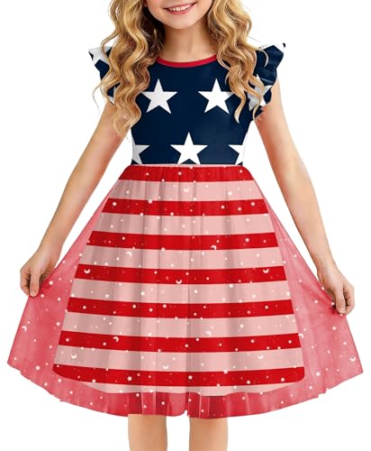 Image of Girls 4th of July Dress American Patriotic Outfit USA Independence Day Clothes Flutter Sleeve Tulle Tutu Dress 5-14y