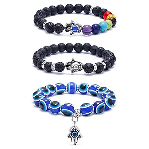 VALIJINA 3Pcs Evil Eye Charm Bracelets-7 Chakras Gemstone Lava Stone Hamsa Hand of Fatima Turkish Evil Eye Lucky Bracelet for Protection and Blessing Cover