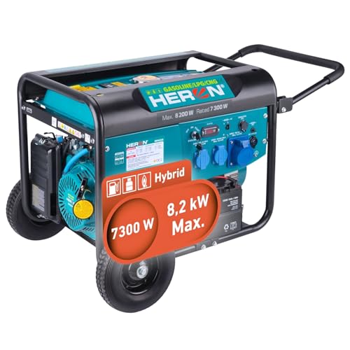 Heron Hybrid Benzin- & Gasgenerator (LPG/NG) I 8,2 kW I Generator mit 25L Tank, Fahrgestell & Elektrostarter I Mit zwei 16A 230V & einer 32A 230V-Steckdose I mobiles Stromaggregat mit AVR-System & ATS