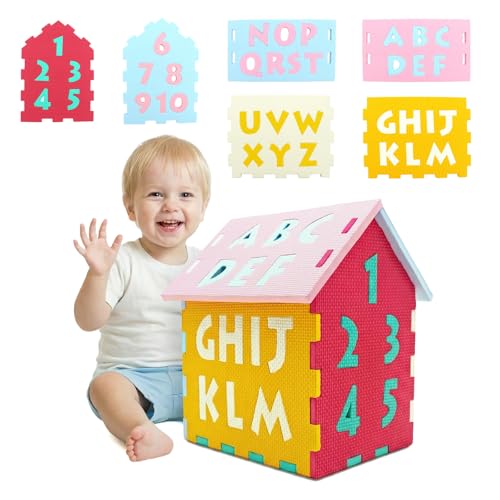 GLACER Puzzle House for Kids, 7-Piece Interlocking Play Mat Tiles with Pop-Off Alphabets & Numbers, Soft EVA Foam Jigsaw Puzzle, Learning Toy for 3+ Boys & Girls