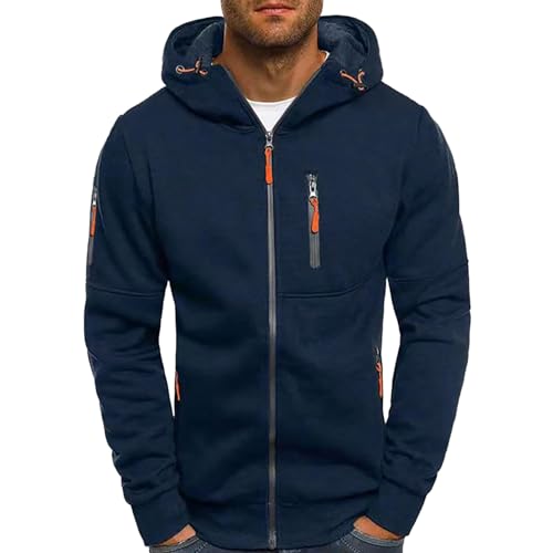 Generisch Jogging Hommes Tops Manches Blouse Homme avec Zip Cap Long Pull Homme Manteaux Vestes Pull à Capuche Homme Tricot, Marine, L