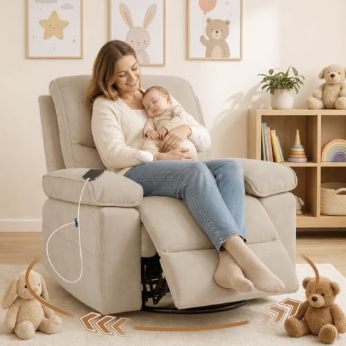Image of Nursery Rocking Chair Glider with USB & Type-C Charging, Oversized 270 Swivel Recliner Chair for Breastfeeding, Baby Room Nursing Chair with Wide Foot Rest, Living Room Chair, Linen