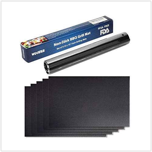 WINSEE Grill Mat Set of 5 Non-Stick BBQ Grill Baking Mats Cooking Mats FDA-Approved PFOA Free Reusable and Easy to Clean 15.75 X 13 Inch Black