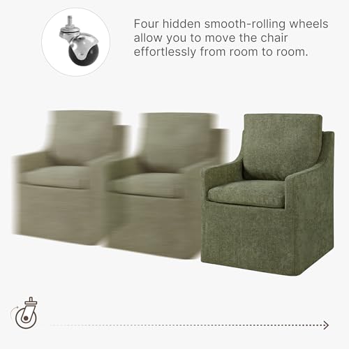 Image of KISLOT Upholstered Dining Chairs Set of 4 with Casters, Moss Green | Modern Rolling Dining Room Arm Chairs with Washable Cover, Hidden Storage Seat, Linen Look Fabric, Padded Kitchen Chairs