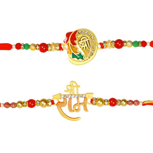 Rakhi Set of 2 Rakhi for Brother with Raksha Bandhan Greeting Card | Roli Chawal Tika - Raksha Bandhan Designer Kundan Rakhi for Brother & Bhabhi | Rakhi for Bhaiya | Rakhi Thread VRK012