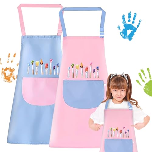 2 Stück Malschürze Kinder, Wasserdicht Malkittel mit Taschen, Verstellbare Kinderschürze für Jungen & Mädchen, Schürze Kinder Schule für Basteln, Malen, Backen, Kochen (7–12 Jahre) (Blau + Pink)