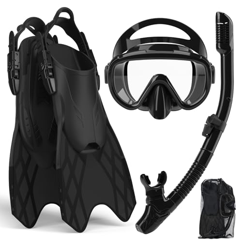 Bairuifu 4 in 1 Snorkeling Gear for Adults - Genuine Advanced Anti-Fog Panoramic Mask, Dry Top Snorkel, Fins & Travel Bag for Snorkeling, Swimming and Travel