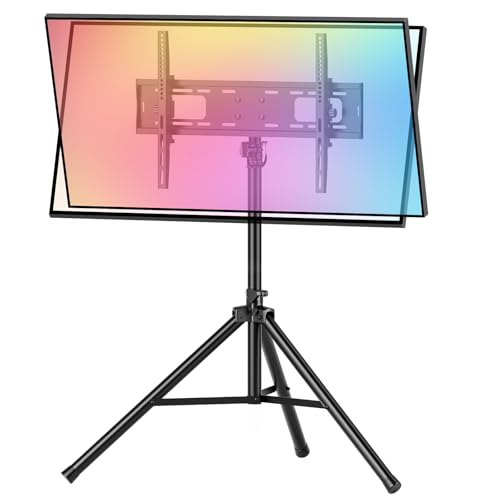 Image of UEAKPIC Tripod TV Stand for 64-178cm Screens, Tall TV Stand with ±15°Tilt & Dual Safety Pins Height Adjustable Floor Standing TVs Tripod for Bedroom, Living Room and Outdoors, Max Load 50KG, Black