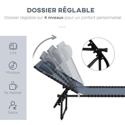 Transat pliable gris dossier réglable 4 positions Outsunny