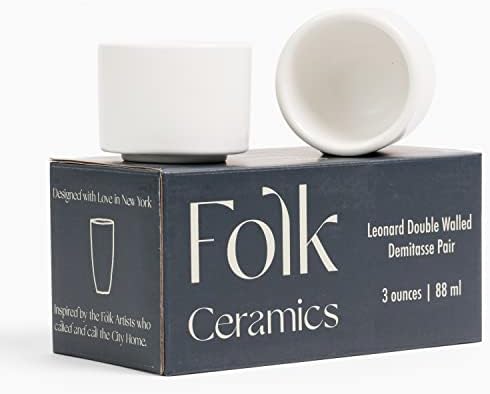Folk Ceramics Leonard Double Walled Ceramic Espresso Cups | Set of 2, 3oz, Whisper White | Modern Insulated Stackable Demitasse Mugs for Espresso| Handleless, Durable, Dishwasher & Microwave Safe
