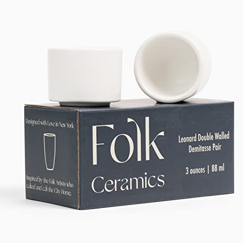 Folk Ceramics Leonard Double Walled Ceramic Espresso Cups | Set Of 2, 3Oz, Whisper White | Modern Insulated Stackable Demitasse Mugs For Espresso| Handleless, Durable, Dishwasher & Microwave Safe #TOP28