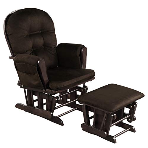 Costzon Nursery Glider with Ottoman, Upholstered Comfort Glider Rocker with Padded Cushion, Storage Pocket, Solid Wood Base, Rocking Chair Nursery for Breastfeeding, Napping (Brown)
