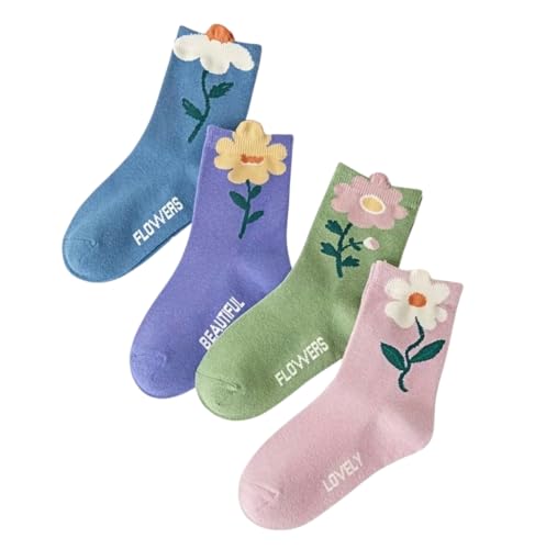 Girls Floral Mid-Calf Socks, 4 Pairs, All Seasons, Colorful Flower Design with Text Details (US, Age, 9 Years, 12 Years)