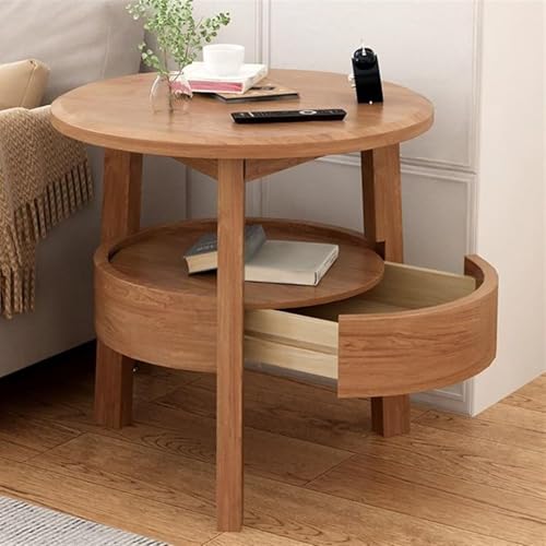 Mesita auxiliar redonda con cajón, mesa auxiliar vintage de 3 niveles, mesita de noche de madera maciza para sala de estar y dormitorio, solución de almacenamiento compacta para espacios pequeños.