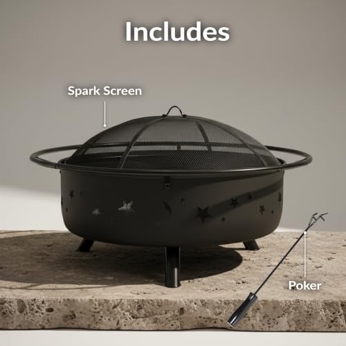 Image of Sunnydaze Cosmic 42-Inch Large Outdoor Fire Pit - Wood-Burning Firepit for Outside Patio, Backyard, Deck - Steel - Wood Grate, Spark Screen, and Fireplace Poker Included - Black - 34 inch Bowl Diameter