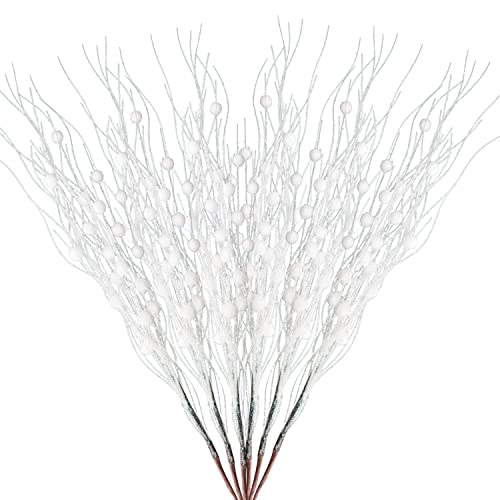6 Pcs Glittery Curly Twigs Decor, 19 Inch Christmas Tree Toper Artificial Berry Picks Christmas Picks Sprays For Halloween Christmas Tree Decor Topper Floral Arrangement Party Supply (White) #TOP20