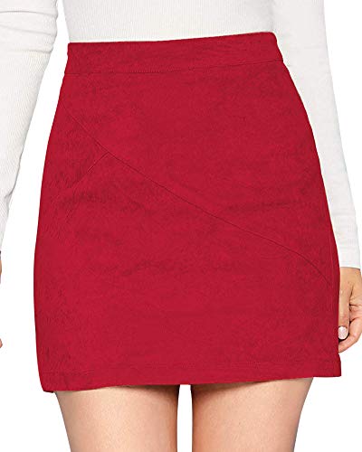 Image of MANGOPOP Women's Basic Faux Suede High Waist A-line Mini Pencil Bodycon Skirt (A03 Red, X-Large)
