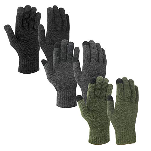 Evridwear Mens Thermal Winter Gloves Touch Screen Glove Driving Running Cycling Texting with Elastic Cuff for Cold Weather (3 Pairs Full Finger)