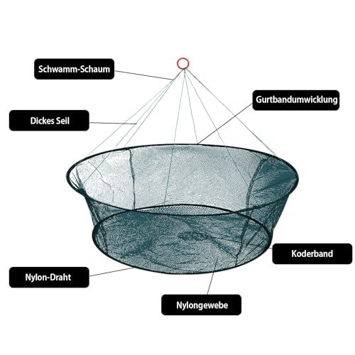 Cozlly Faltbares Fischernetz Handnetz,Köderfisch-Senke mit Fluchtschutz,Fischernetze mit Angelschnur,Wurf Handform Angelgussnetz,Handwurfkäfig zum Fangen von Fischen Garnelen Krabben