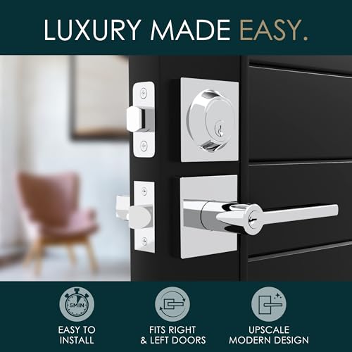 Image of Mega Handles Prime Entrance Combo, Entry Lever Door Handle and Single Cylinder Deadbolt Lock and Key Combo, Heavy Duty Square Locking Door Levers Set for Left or Right-Handed Doors - Polished Chrome