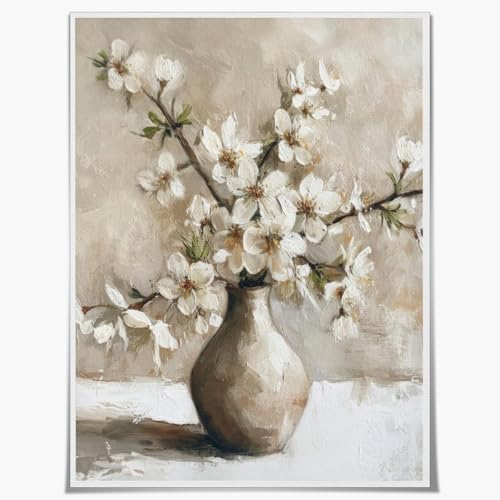 Spring Canvas Wall Art Delicate Cherry Blossom Branch In Ceramic Vase Soft Impasto Oil Style Minimalist Floral Still Life Elegant Spring Art Poster For Living Room Bedroom Unframed8x10inch