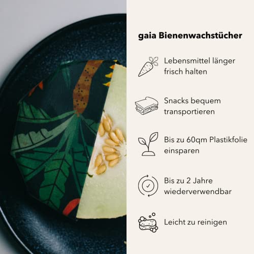 Foto von Gaia Bienenwachstücher Bio - 3er Set, Nachhaltiger Frischhaltefolien Ersatz, In Deutschland handgemacht, Wachstücher für Lebensmittel und Brot (Jungle)