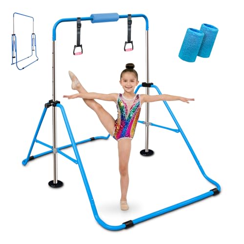 Triclicks Folding Gymnastics Bar for Kids, Adjustable Height Junior Training Kip Bar, Home Expandable Horizontal Gymnastic Monkey Bars Equipment