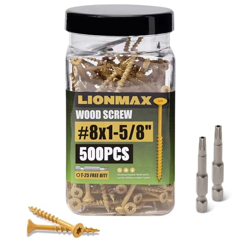 Image of LIONMAX Deck Screws 1-5 /8 Inch, Wood Screws #8 x 1-5 /8 inch, 500 PCS, Rust Resistant, Exterior Epoxy Coated, Outdoor Decking Screws, Torx /Star Drive Head Screw, T25 Star Bit Included, Tan