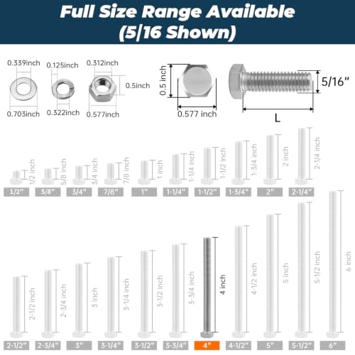 Image of 8 Sets Glvaner 5 /16-18 x 4 inch Stainless Steel Hex Head Screws Bolts, Nuts, Flat & Lock Washers, 18-8 (304) Stainless Steel, Full Thread, Coarse Thread
