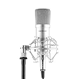 oneConcept Mic-700 - Micrófono Condensador de Estudio, hasta 140 dB, Unidireccional, Gradiente de presión 34mm, Soporte araña, Protector contra Viento, Cable XLR, Metal, Estuche de Cuero, Plateado
