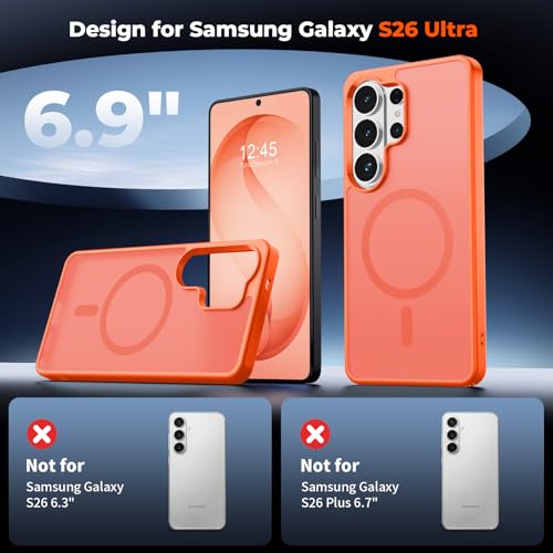 Image of SUPFINE Magnetic for Samsung Galaxy S26 Ultra Case with Screen Protector, (Built-in Magnets) (Military Grade Drop Protection) Slim Translucent Shockproof Phone Case,Orange