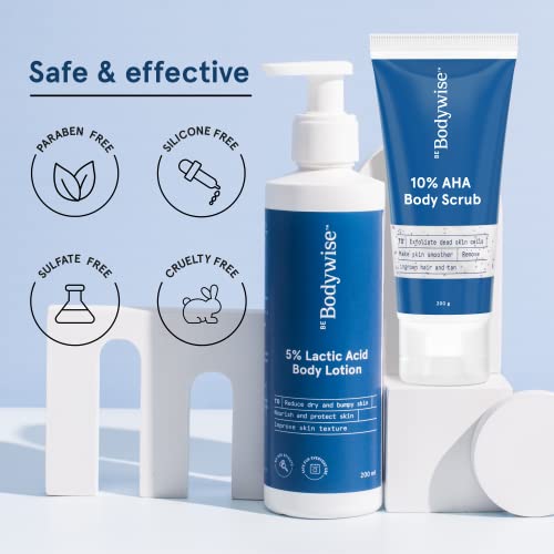Image of Be Bodywise 10% AHA Body Scrub (200g) & 5% Lactic Acid Body Lotion (200ml) | With Aloe Vera, Oats & Cica Extract | Exfoliates Skin, Reduces Tan, Ingrown Hair & Reduces Appearance Of Strawberry Legs