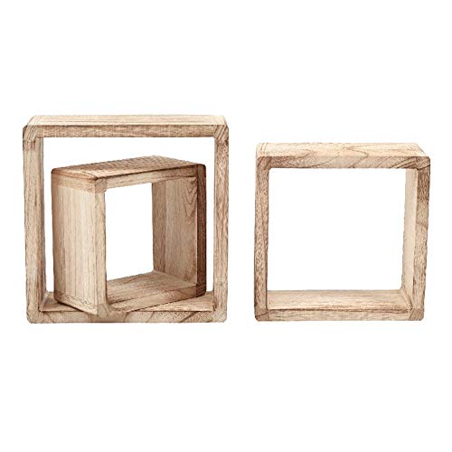 KELZIA Estantería para Pared en Forma de Cubo- Set 3 Estantes Flotantes-100% Madera de Paulownia Natural- Estantería para Colgar Decoraciones en Salón Cocina Pasillo Dormitorio y Baño. (Madera)