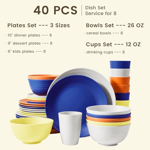 Image of Homienly 40-Piece Wheat Straw Dinnerware Sets, Unbreakable Reusable Dinnerware Set, Service for 8, Kitchen Cups Plates and Bowls Set, Dishwasher Microwave Safe Dishes Set for Camping, Party - Mondrian