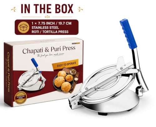 Image of 7.75 Inch / 19.7 CM Stainless Steel Roti & Puri Press | Manual Chapati & Tortilla Maker with Ergonomic Blue Handle | Non-Slip Rubber Feet | Heavy-Duty Kitchen Press for Easy & Even Dough Flattening